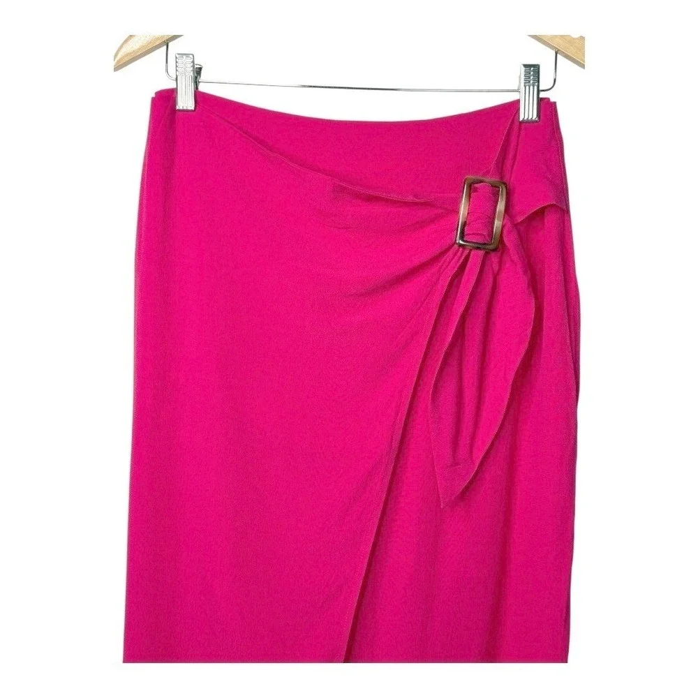 JOA Faux Wrap Pencil Skirt Womens Medium Pink Buckle Front Slit Zipper Back NEW‎